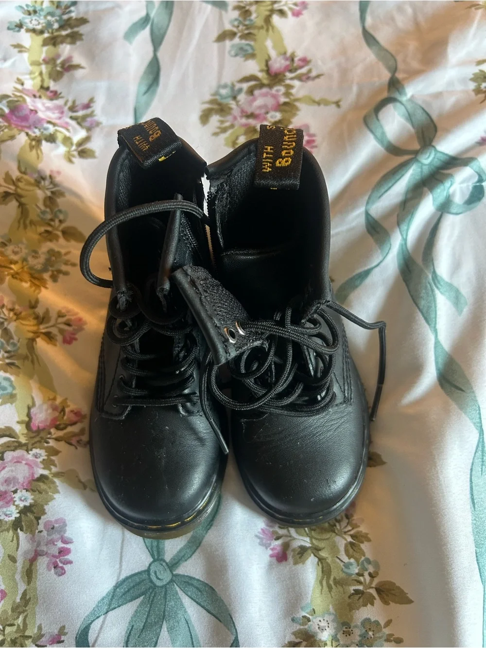 Toddler Black Doc Marten Combat Boots with Yellow Welt Stitching